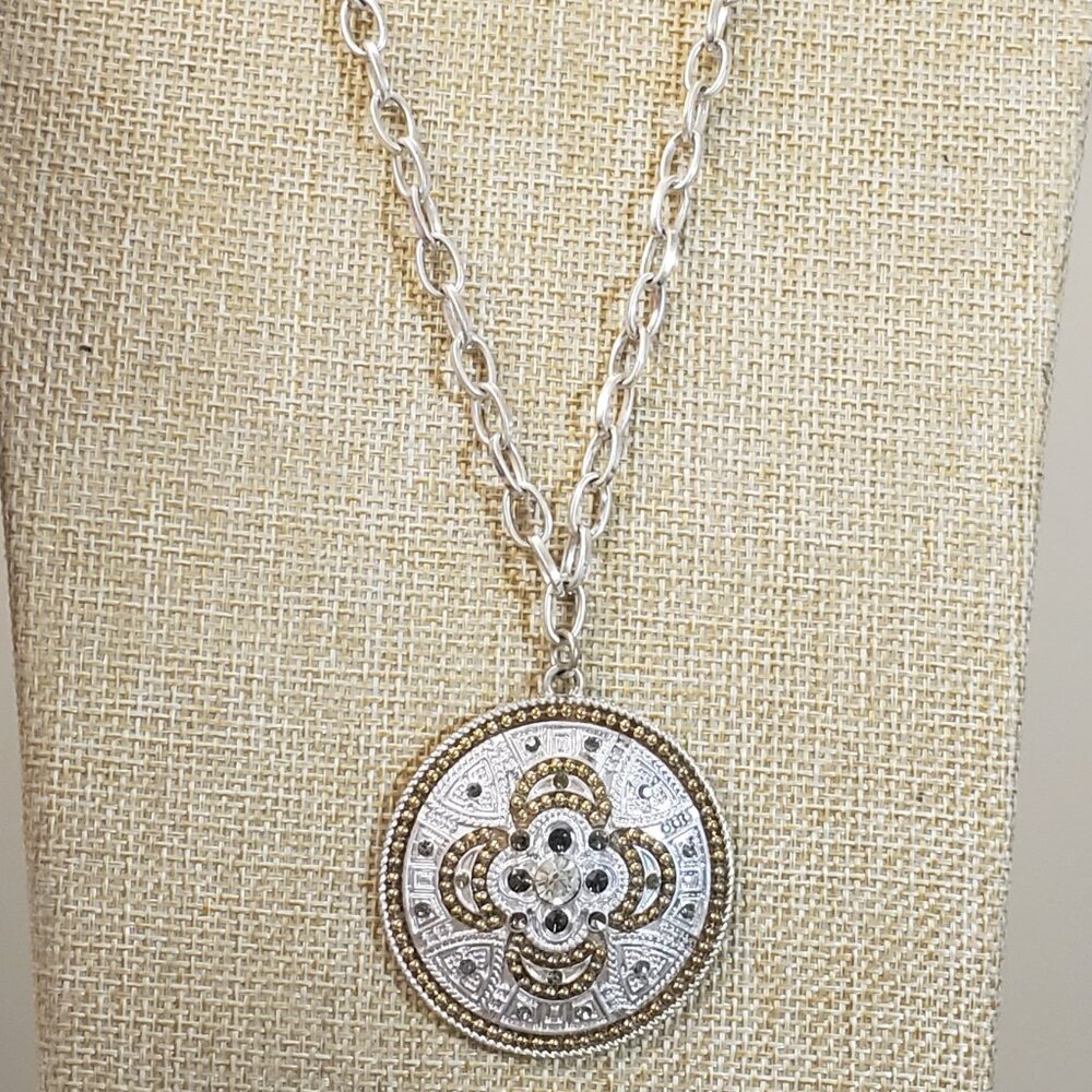 Four Seasons, NWT, Long silver, gold, rhinestone filagree medallion necklace